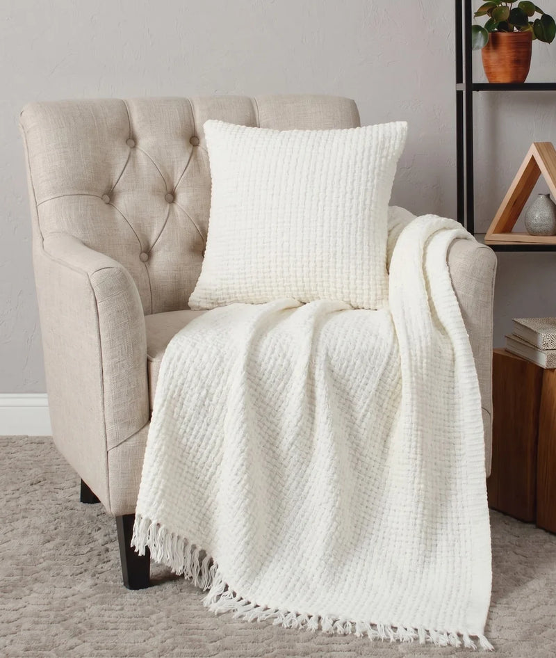 Chenille Basket Weave Throw Blanket - Cream