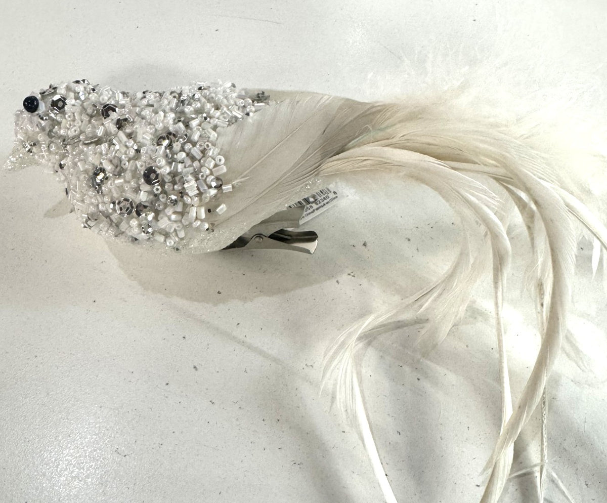 White Feather Bird Clip Ornament 9" with Silver Beads