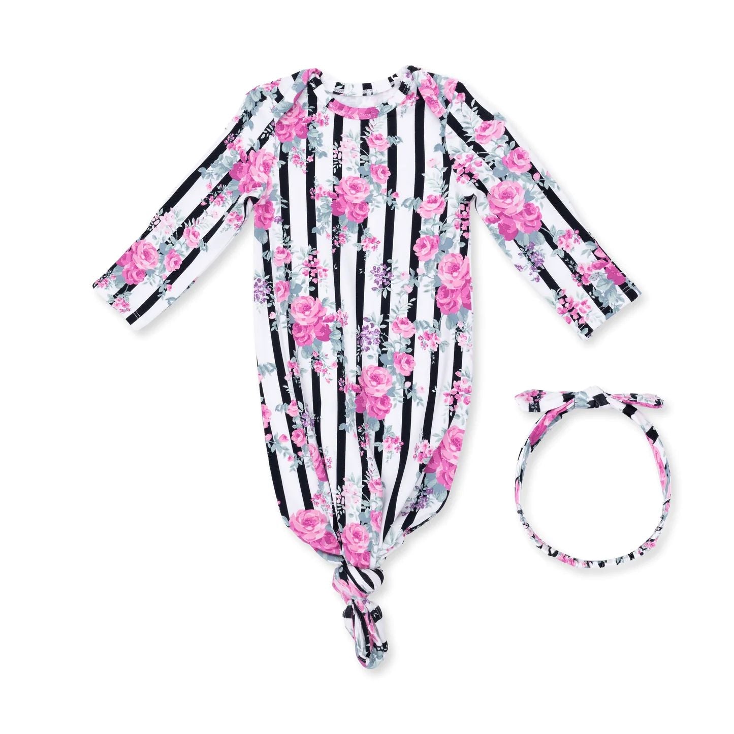 Knotted Gown & Headband Cabbage Rose Stripe 0-3 Months
