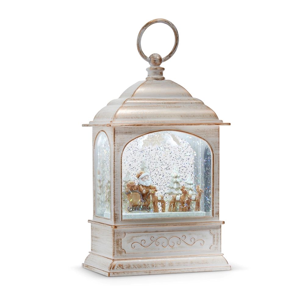 Water Lantern Santa & Reindeer Whimsical Ivory Led 8.75 " Musical