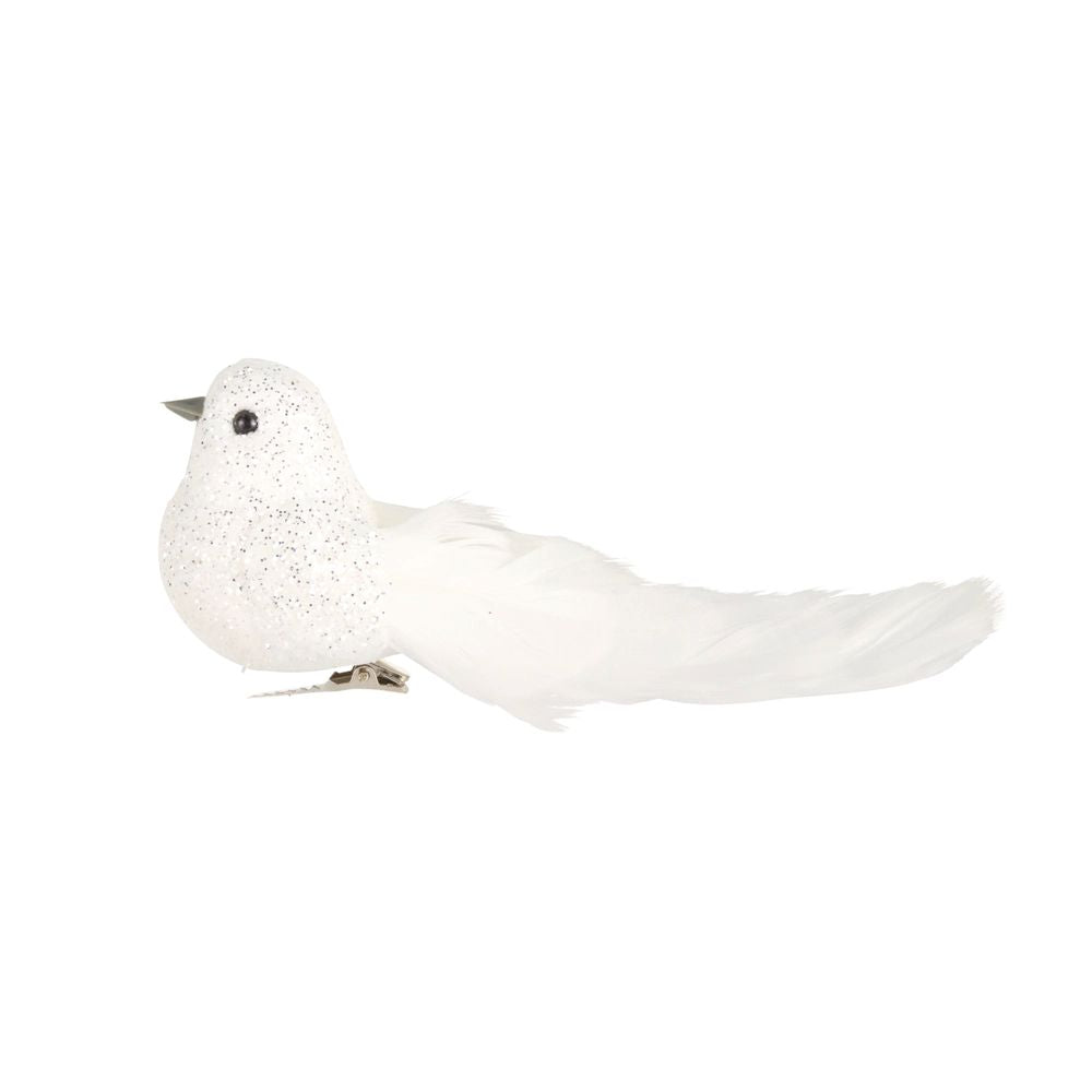 Ornament Bird Clip On White Glitter 6 "