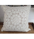 Pillow Pompom Trim Beige Cream Embroidered Floral 24"