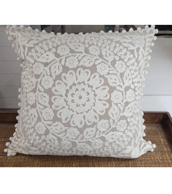 Pillow Pompom Trim Beige Cream Embroidered Floral 24"