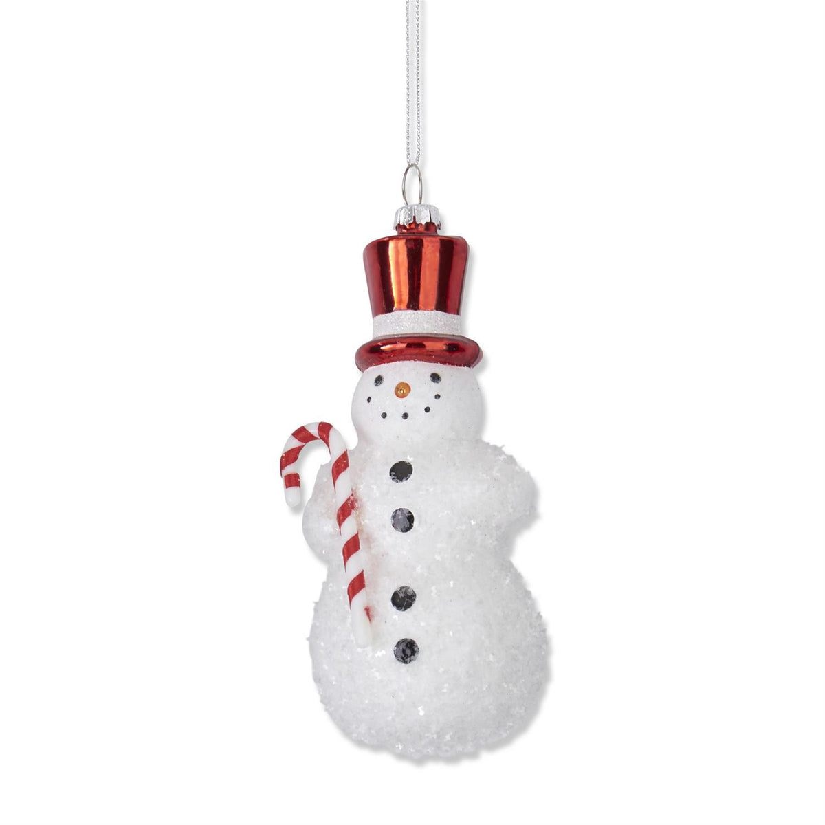 Ornament Snowman Flocked 5.75" Glass w/ Red Top  Hat & Candy Cane KK