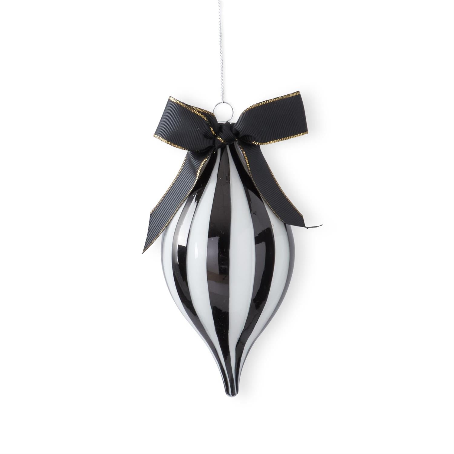 Ornament Black & White Glass Teardrop  6" KK