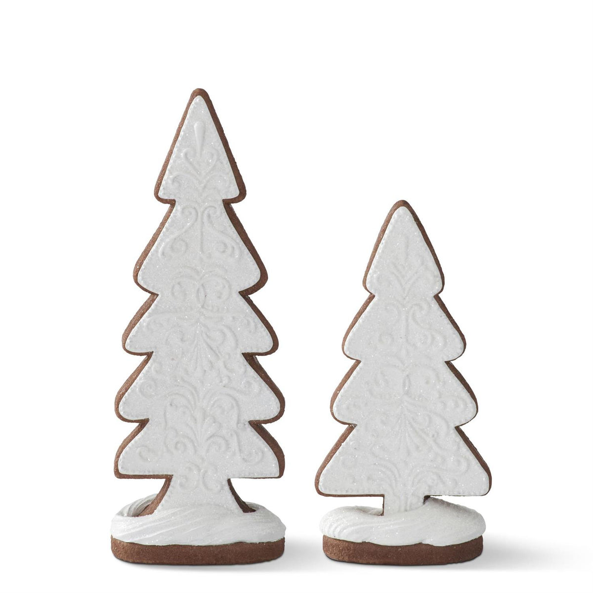 Set of 2 Brown & White Glittered Resin Gingerbread Cookies Trees 9 & 12"