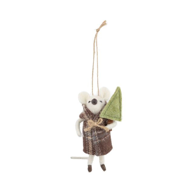 Felt Mouse Ornament in Brown Coat with Green Tree
