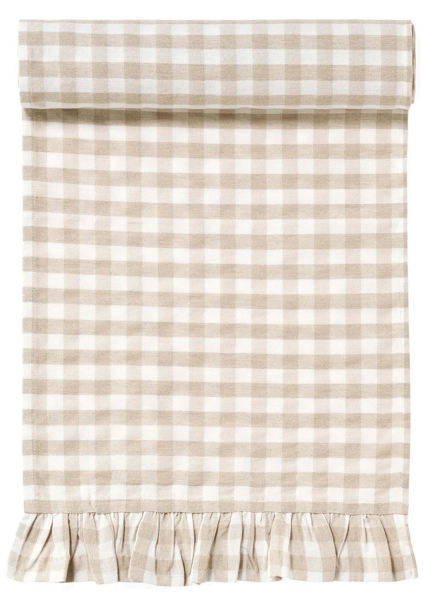 Table Runner Beige Gingham Check 13 x 72" With Ruffle Ends ADV