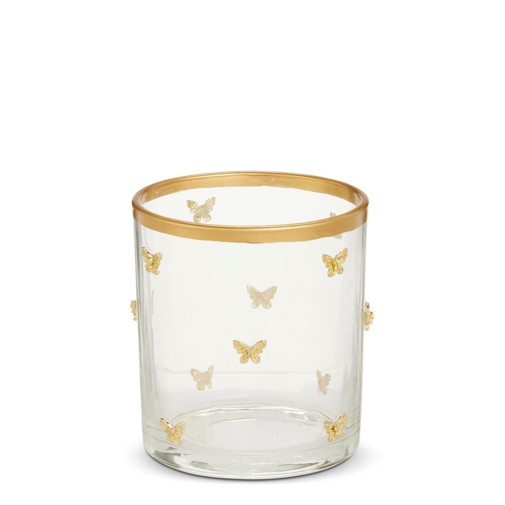 T Light Holder Glass Gold Butterflies 3.5"