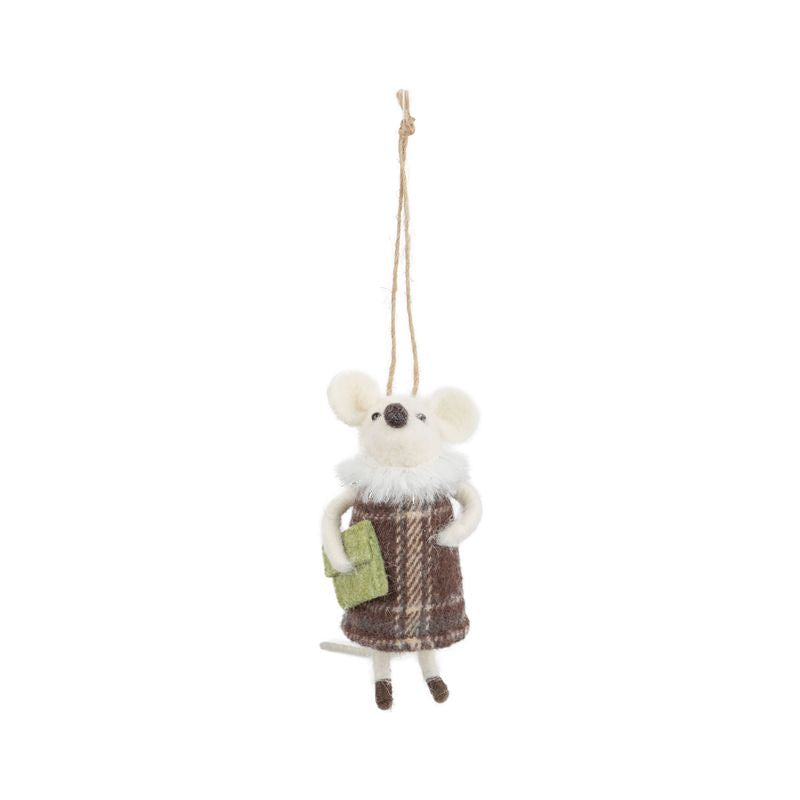 Felt Mouse Ornament - Brown Dress with Green Purse