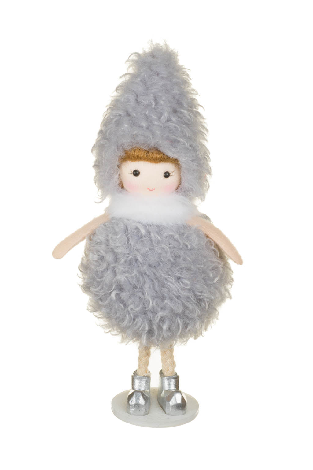 Grey Fabric Puffball Girl Ornament 6"
