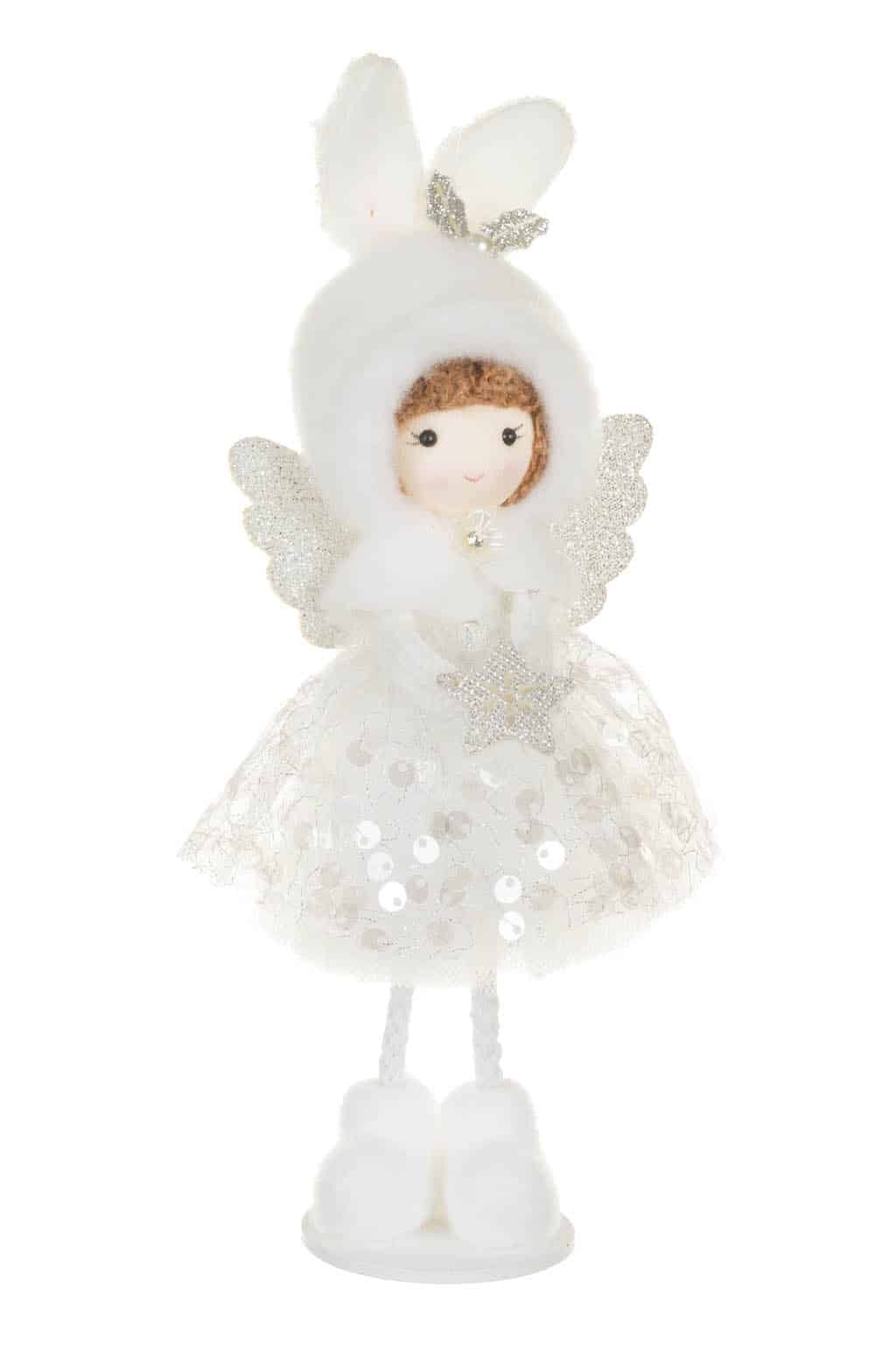 White Fabric Sequin Angel w/ Wood Base  & Posable Legs Ornament 8.5"