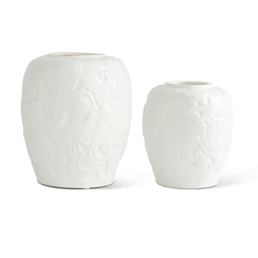 Vase White Ceramic Paisley & Floral Embossed Large