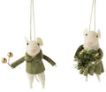 Cream Felt Mouse Ornaments with Green Velvet - Assorted