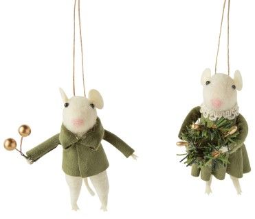 Cream Felt Mouse Ornaments with Green Velvet - Assorted