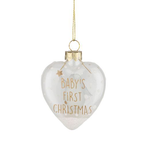Baby's First Christmas Glass Heart Ornament - White & Gold