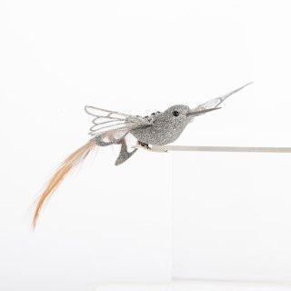 Silver Bird Clip-On Ornament with Sheer Wings