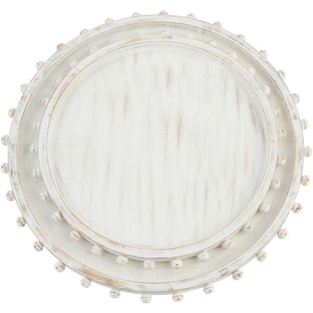 Beaded White Washed Wood Tray Large