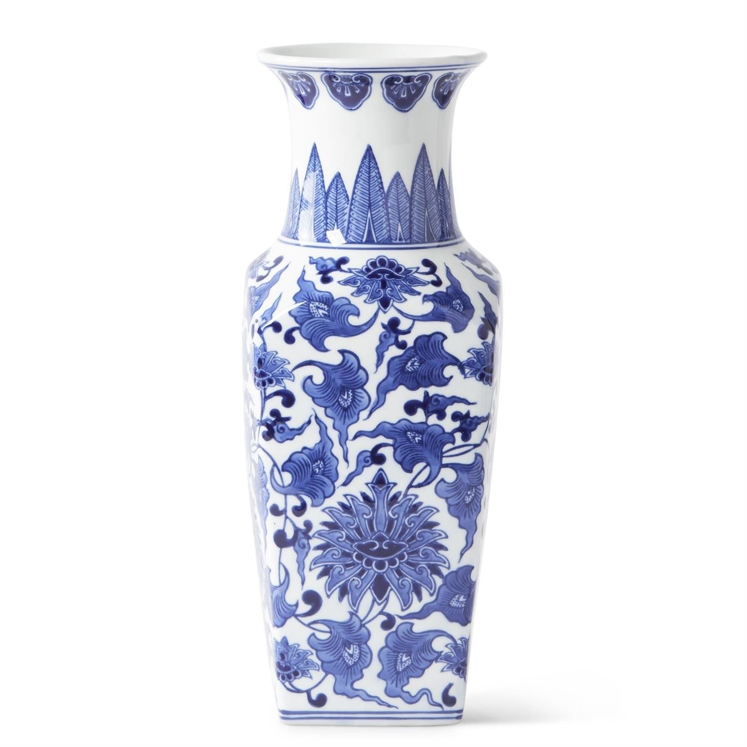 Vase Square Ceramic 14" Blue White Chinoiserie