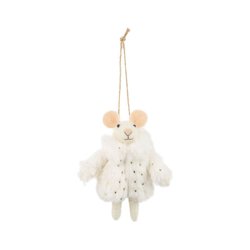 Felt Mouse Ornament in White Plush Coat with Gold Trim