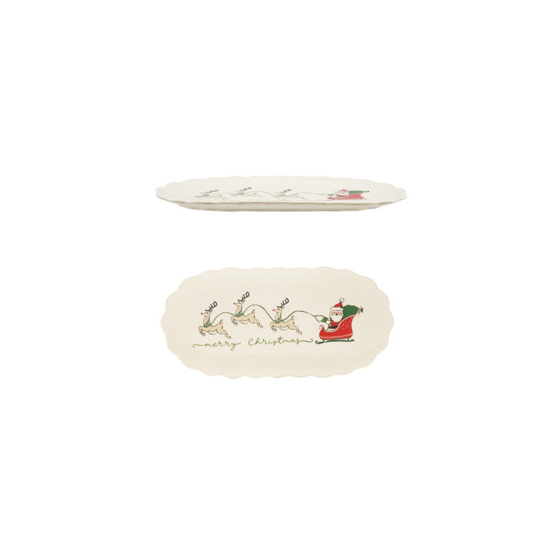 Platter Stoneware Scalloped With Santas' Sleigh Merry Christmas