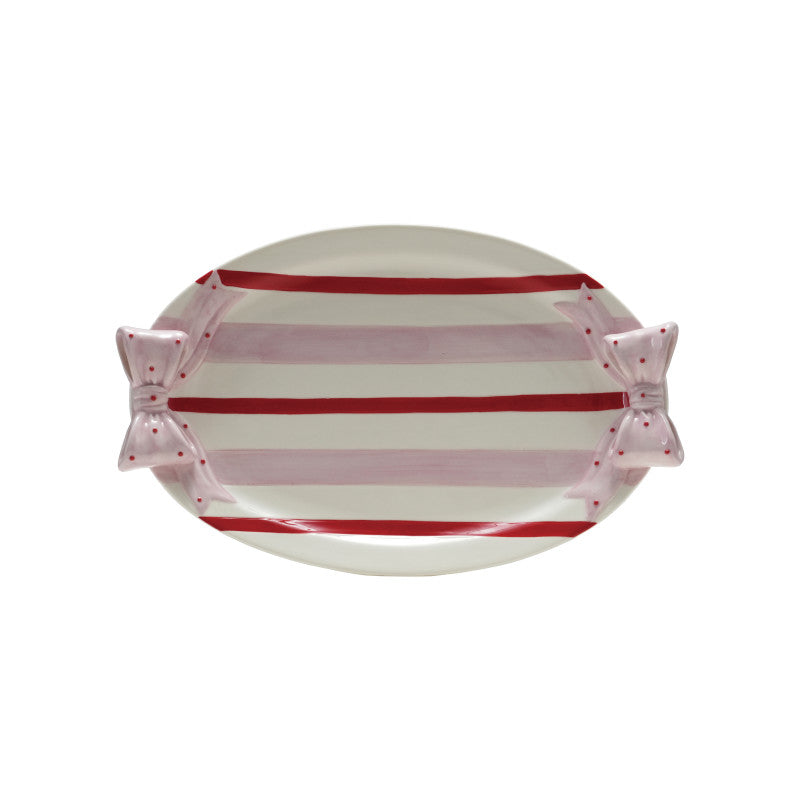 Stoneware Dish With Bow Hand Painted White Pink Red