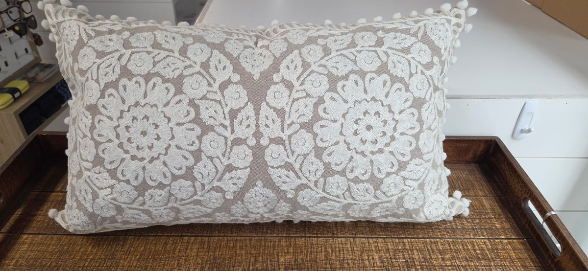 Pillow Pompom Trim Beige Cream Embroidered Floral 20"