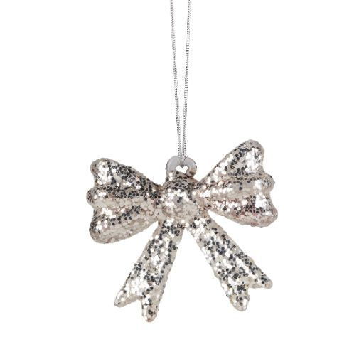 Silver Glitter Glass Bow Ornament