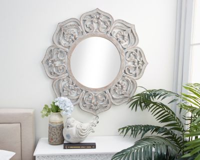 Grey & White Floral Mirror 32 x 32"