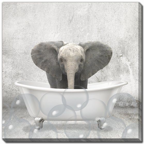 Baby Elephant Bath Wall Art 18 x 18"
