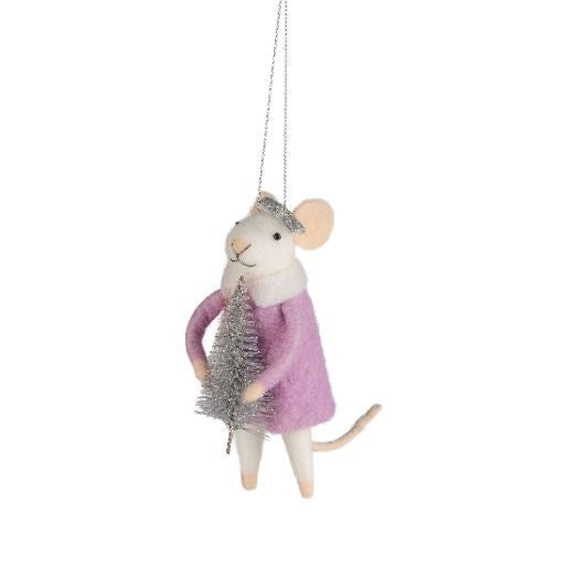 Felt Mouse Ornament in Pink Coat with Silver Tree