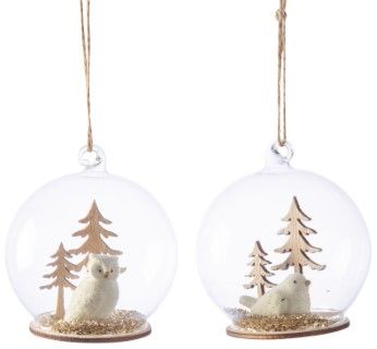 Owl & Bird in Glass Dome Ornaments - Assorted