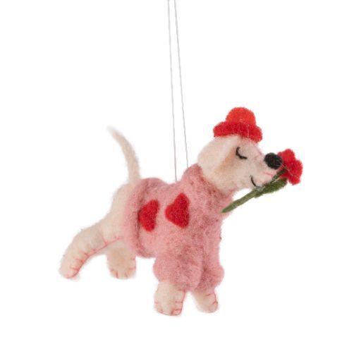Felt Dog Ornament in Pink Heart Sweater