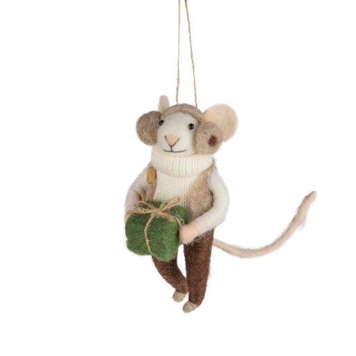 Mouse Ornament with Ear Muffs Carrying Gift
