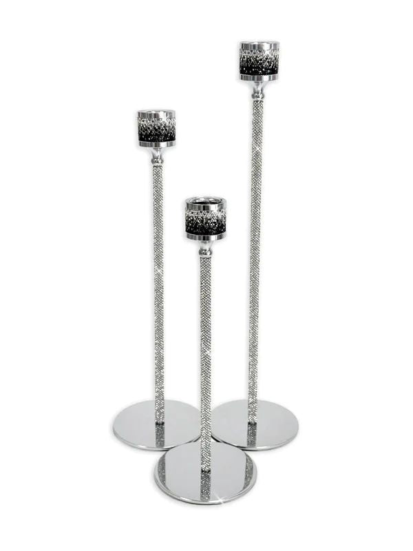 Candlesticks Set of 3 Crystal Black & Silver